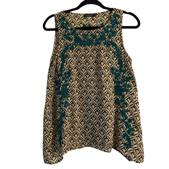 THML Anthropologie Black, Cream and Teal embroidered Tank Top Size Medium - Picture 2 of 8